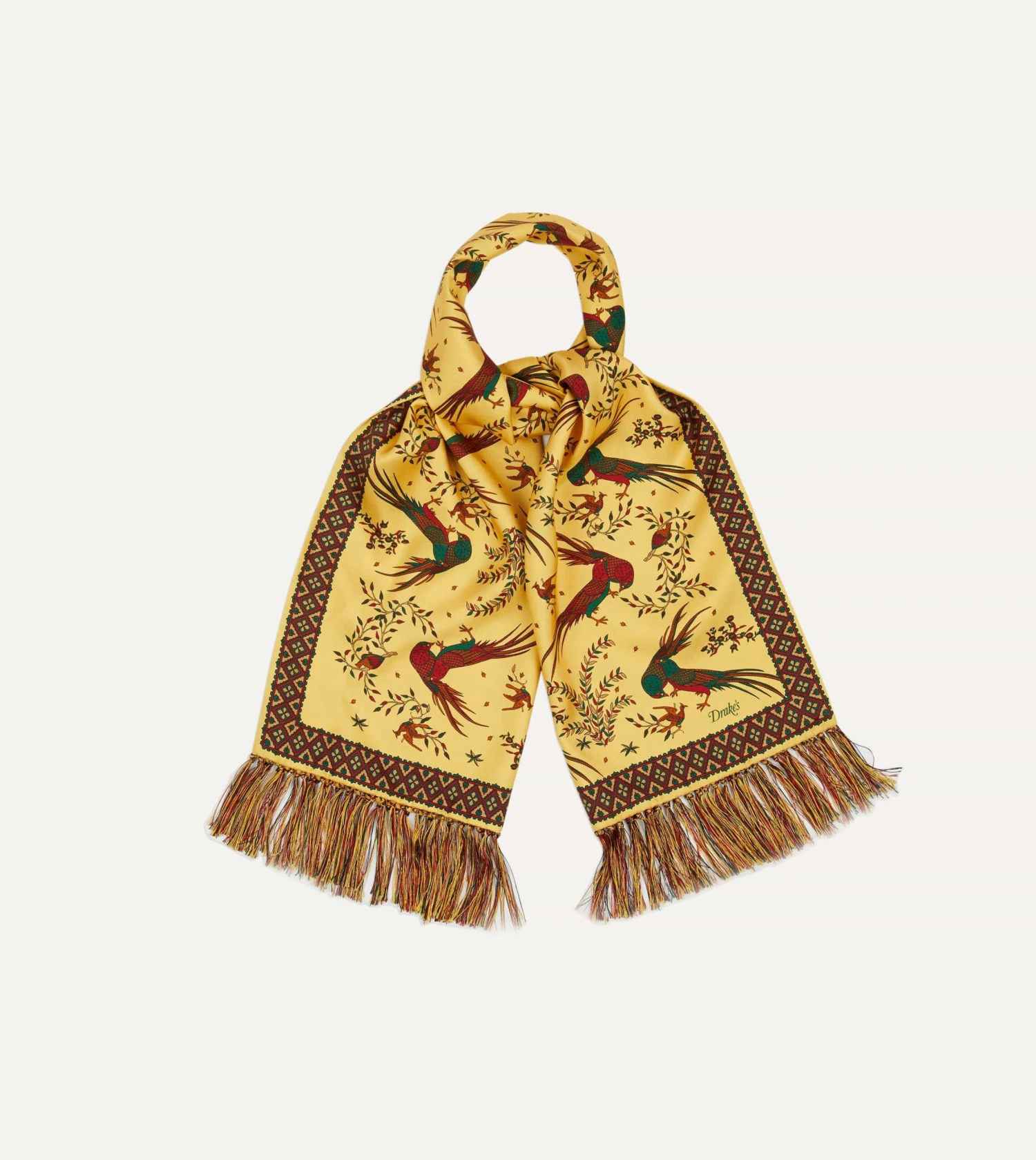 Gold Birds Of Paradise Print Tubular Silk Tasselled Scarf 3 Gold Birds Of Paradise Print Tubular Silk Tasselled Scarf