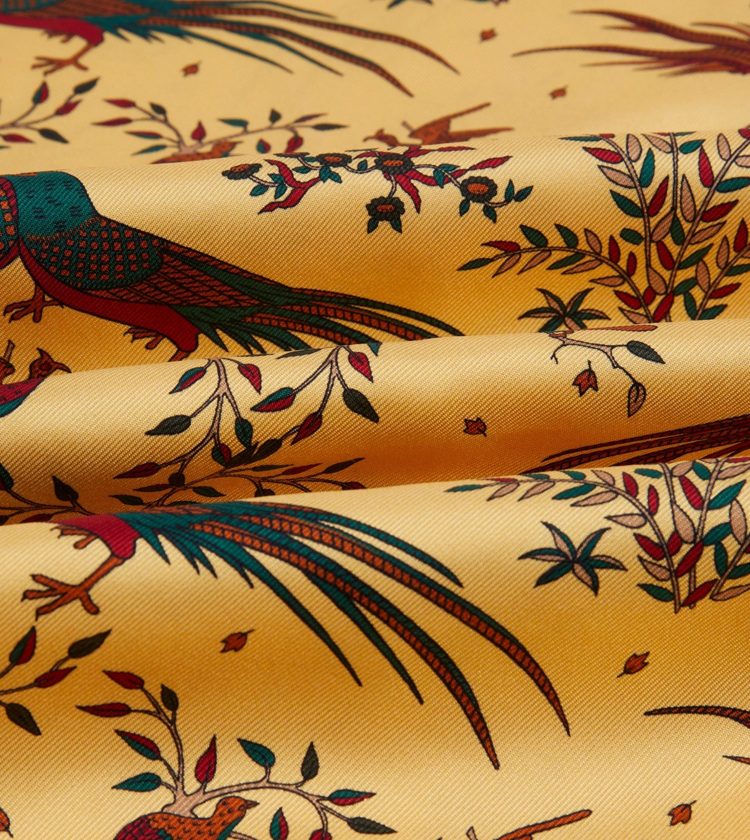 Gold Birds Of Paradise Print Tubular Silk Tasselled Scarf 4 Gold Birds Of Paradise Print Tubular Silk Tasselled Scarf - Image 2