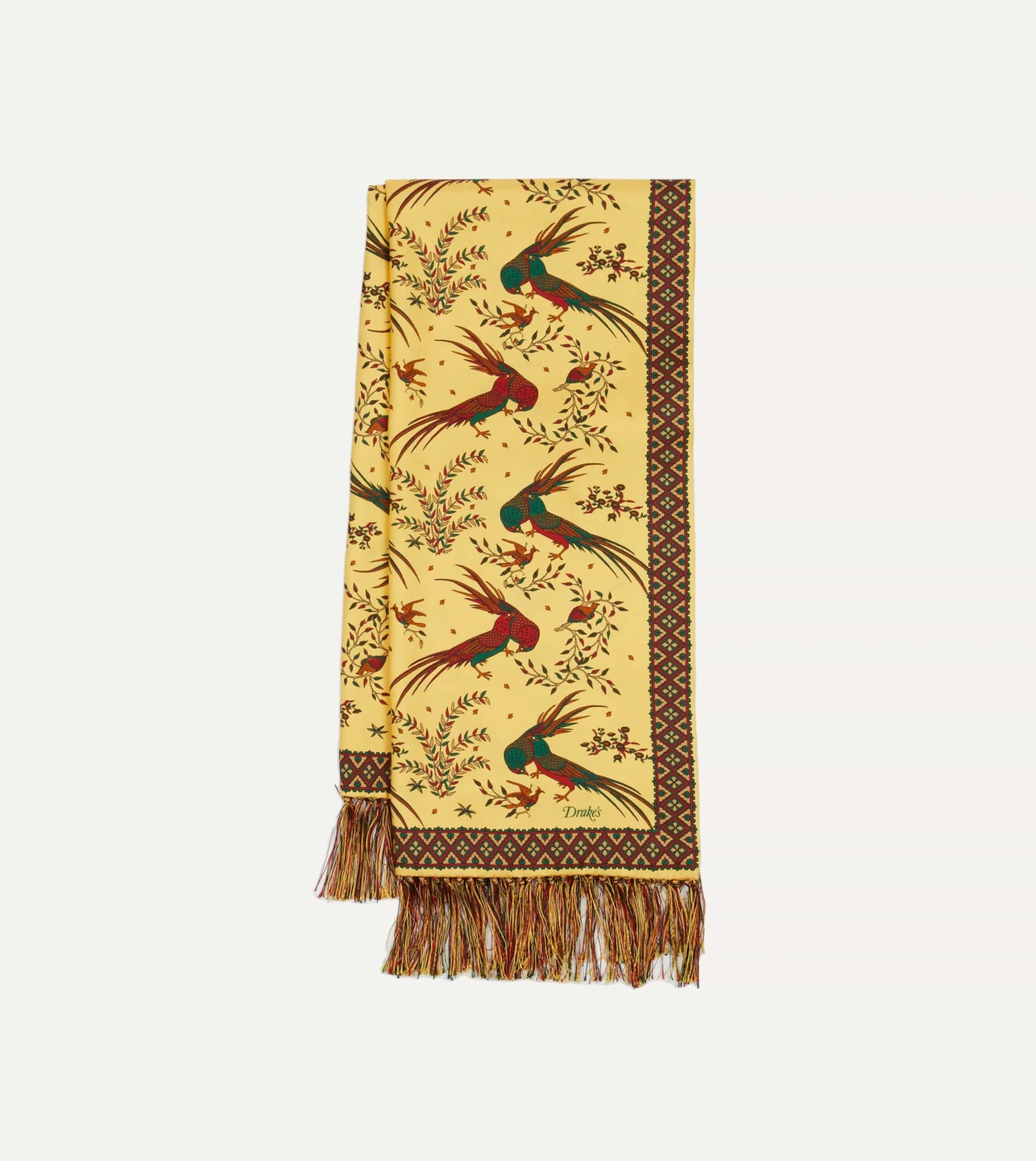 Gold Birds Of Paradise Print Tubular Silk Tasselled Scarf 5 Gold Birds Of Paradise Print Tubular Silk Tasselled Scarf - Image 3