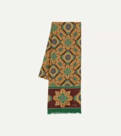 Brown And Red Medallion Print Wool-Silk Scarf -Drakes Shop DR1AB123140 02301 3
