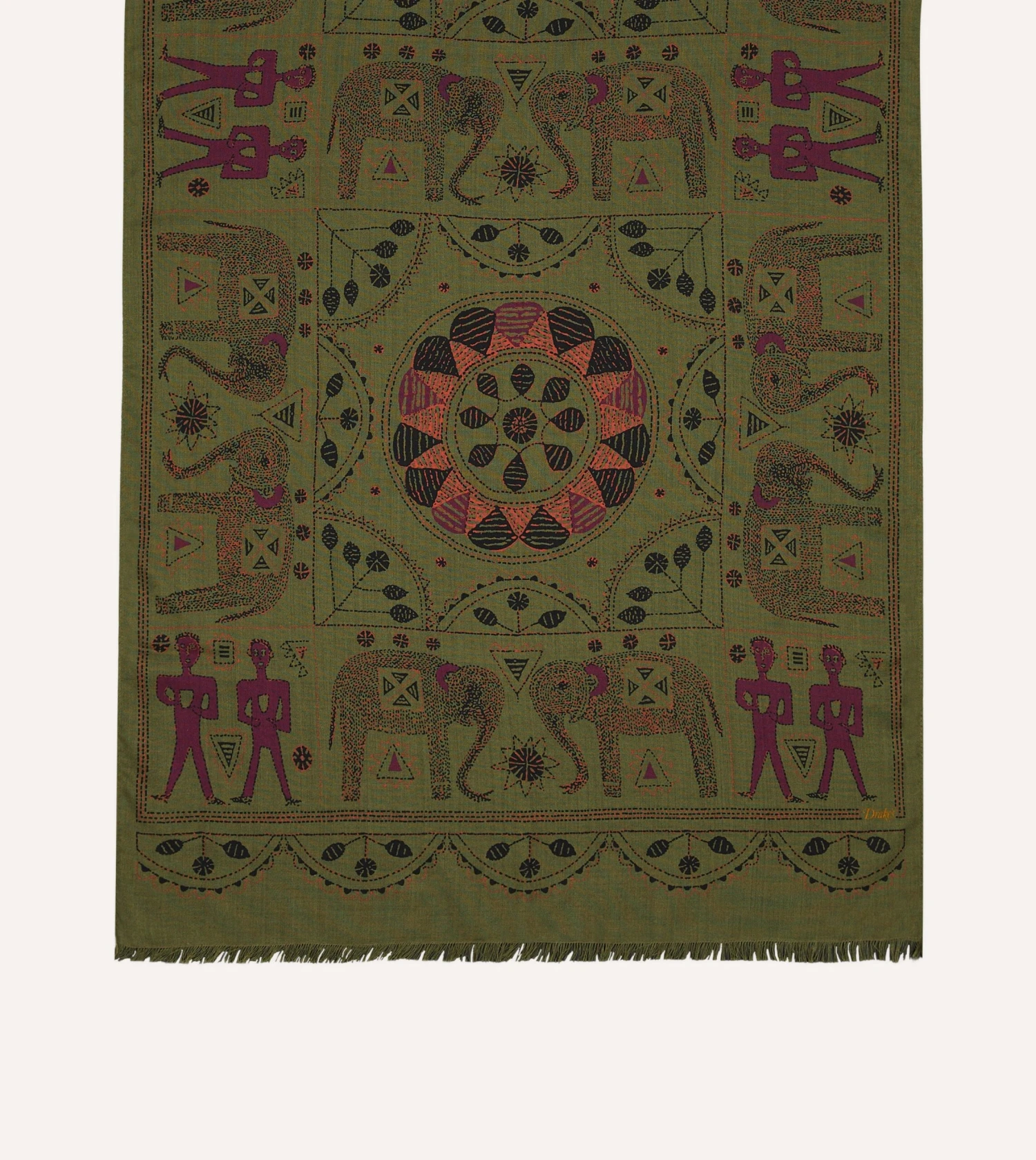 Olive Elephant Print Wool-Silk Scarf 5 Olive Elephant Print Wool-Silk Scarf - Image 3