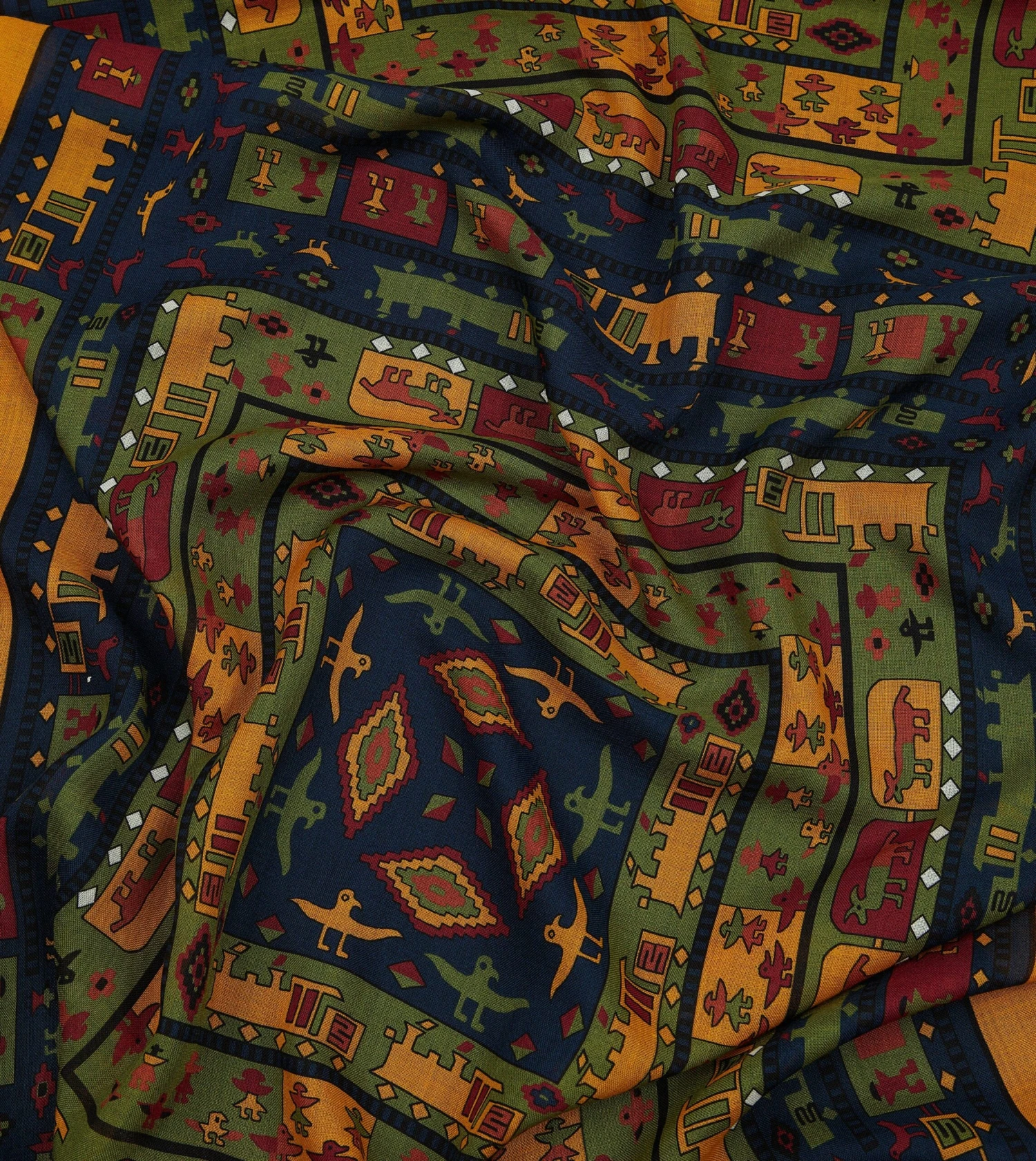Navy And Yellow Navajo Print Wool-Silk Scarf 4 Navy And Yellow Navajo Print Wool-Silk Scarf - Image 2