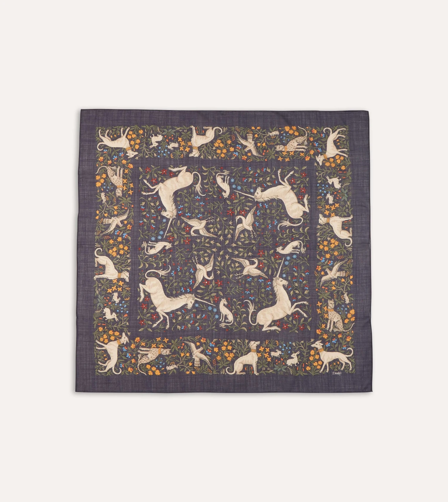 Navy Unicorn Print Wool-Silk Square Scarf 6 Navy Unicorn Print Wool-Silk Square Scarf - Image 4