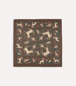 Brown Unicorn Print Wool-Silk Square Scarf -Drakes Shop DR1AD021397 02301 1