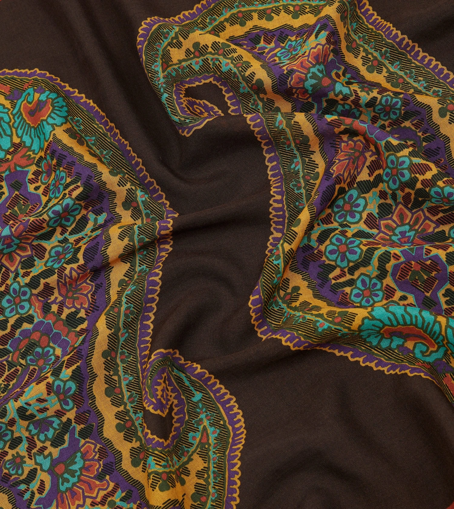 Brown Large Paisley Print Wool-Silk Bandana 4 Brown Large Paisley Print Wool-Silk Bandana - Image 2