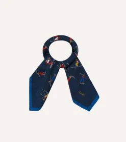 Navy Skier Print Wool-Silk Bandana -Drakes Shop DR1AD023561 01251 1