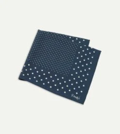 Navy Spots Print Wool-Silk Pocket Square 7 Navy Spots Print Wool-Silk Pocket Square -Drakes Shop DR1AE0 22653 01 051 2