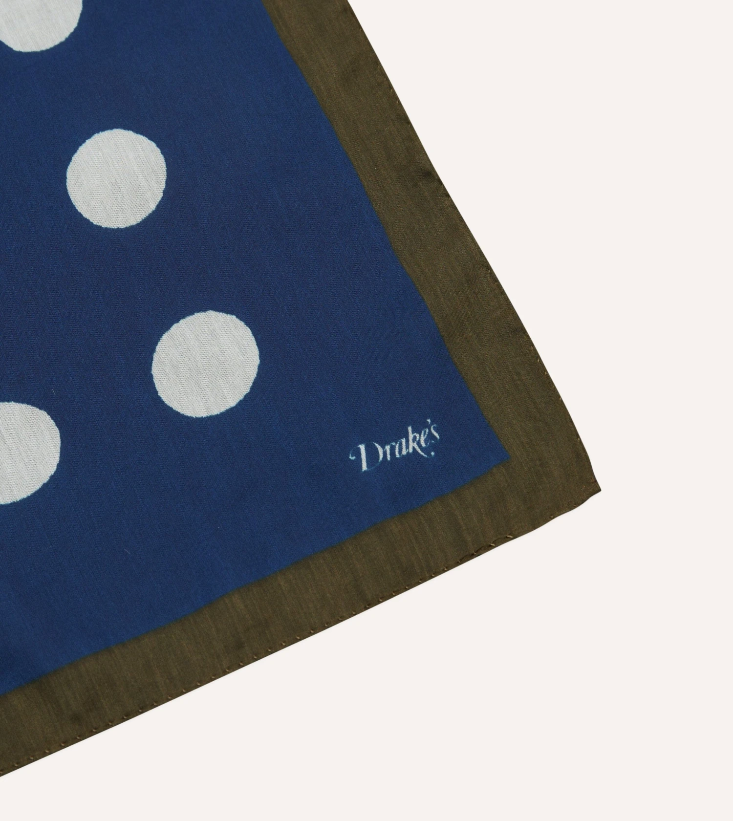 Olive, Navy And Ecru Large Spots Print Cotton-Silk Pocket Square 5 Olive, Navy And Ecru Large Spots Print Cotton-Silk Pocket Square - Image 3