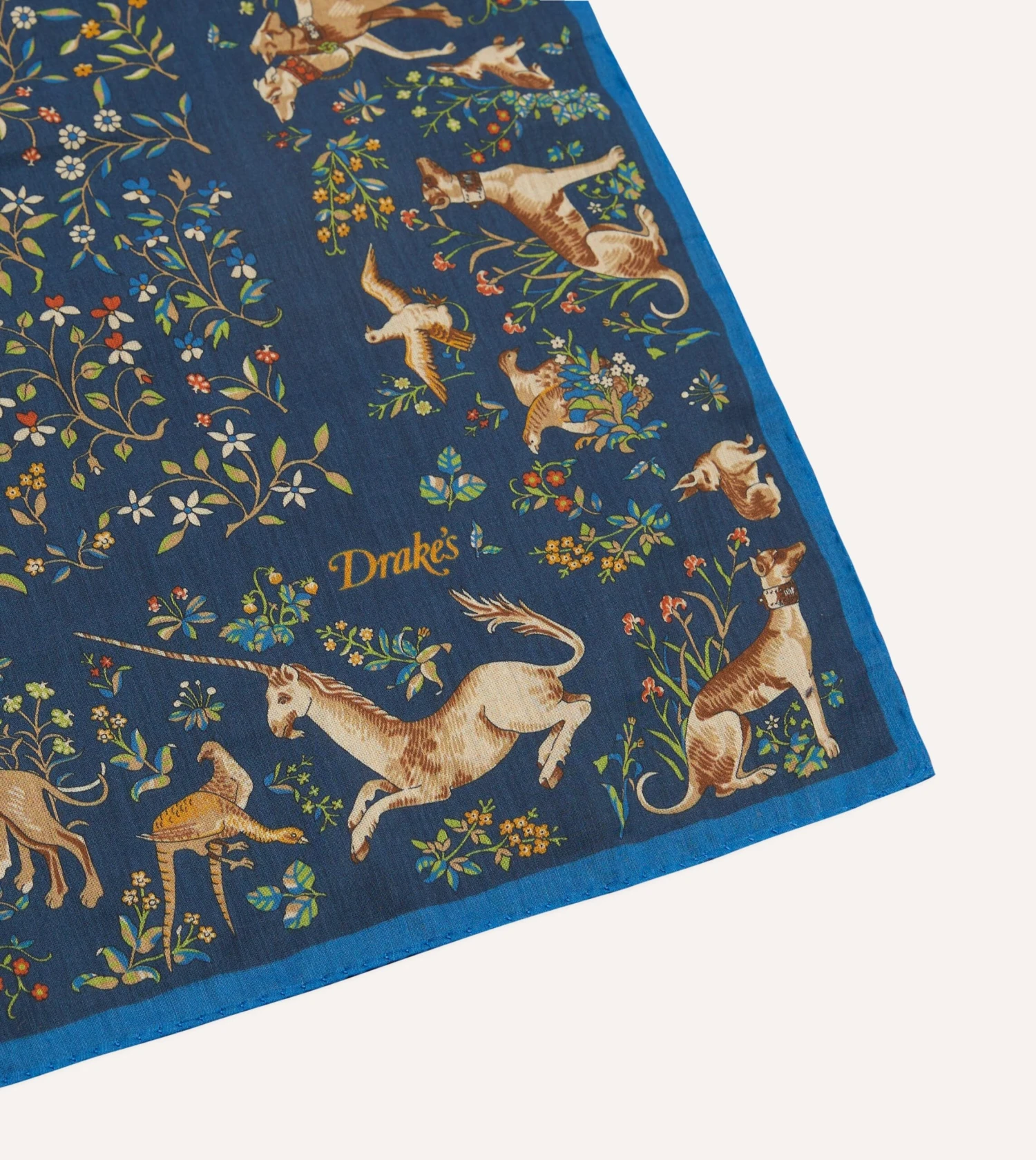 Blue And Navy Unicorn Garden Print Cotton-Silk Pocket Square 5 Blue And Navy Unicorn Garden Print Cotton-Silk Pocket Square - Image 3
