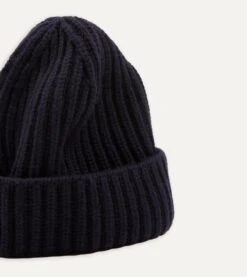 Navy Cashmere Ribbed Knit Beanie -Drakes Shop DR1AG121577 01250 3