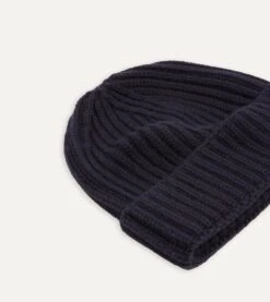Navy Cashmere Ribbed Knit Beanie -Drakes Shop DR1AG121577 01250 4