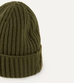 Khaki Green Cashmere Ribbed Knit Cap 9 Khaki Green Cashmere Ribbed Knit Cap -Drakes Shop DR1AG121577 11400 3