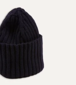 Navy Lambswool Ribbed Knit Cap -Drakes Shop DR1AG121579 01250 3