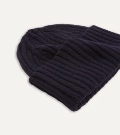 Navy Lambswool Ribbed Knit Cap -Drakes Shop DR1AG121579 01250 4
