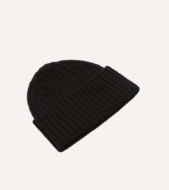 Black Lambswool Ribbed Knit Cap -Drakes Shop DR1AG121579 09100 3