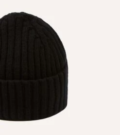 Black Lambswool Ribbed Knit Cap -Drakes Shop DR1AG121579 09100 4