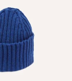 Royal Blue Lambswool Ribbed Knit Cap -Drakes Shop DR1AG121579 11200 3