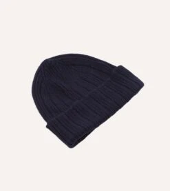 Navy Angora Lambswool Ribbed Knit Cap -Drakes Shop DR1AG122686 01250 3