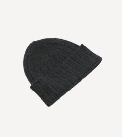 Dark Grey Angora Lambswool Ribbed Knit Cap -Drakes Shop DR1AG122686 03600 3