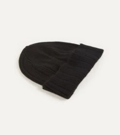 Black Angora Lambswool Ribbed Knit Cap -Drakes Shop DR1AG122686 07100 2