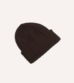 Brown Angora Lambswool Ribbed Knit Cap -Drakes Shop DR1AG122686 10300 3