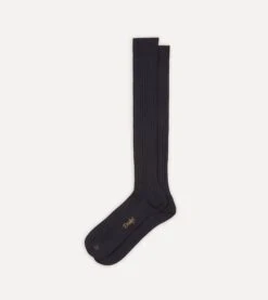 Dark Navy Cotton Over-the-Calf Socks -Drakes Shop DR1AJ121435 03200 4