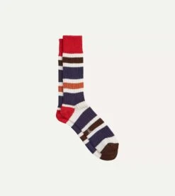 Red And Navy Cotton Striped Sports Socks