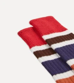 Red And Navy Cotton Striped Sports Socks -Drakes Shop DR1AJ223133 02662 3