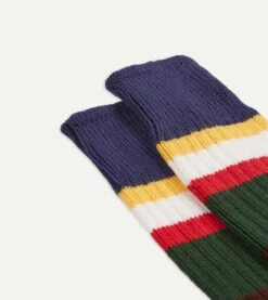 Navy And Green Cotton Striped Sports Socks -Drakes Shop DR1AJ223134 02662 3