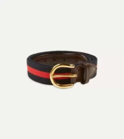 Navy And Red Stripe Webbing And Leather Belt With Brass Buckle