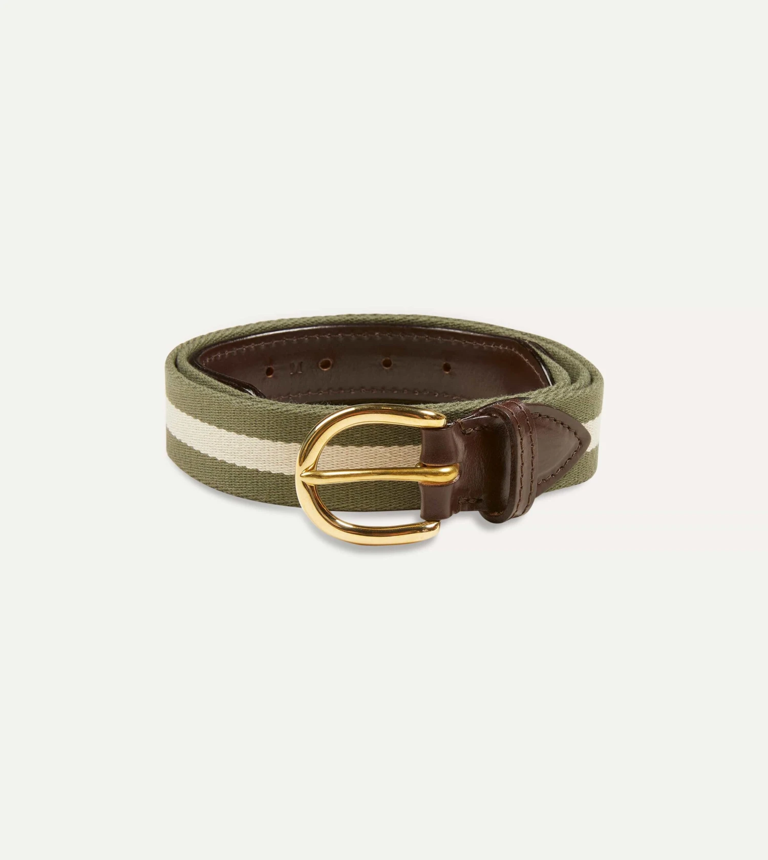 Olive And Ecru Stripe Webbing And Leather Belt With Brass Buckle 3 Olive And Ecru Stripe Webbing And Leather Belt With Brass Buckle