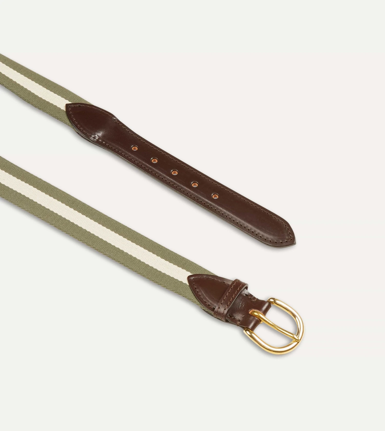 Olive And Ecru Stripe Webbing And Leather Belt With Brass Buckle 4 Olive And Ecru Stripe Webbing And Leather Belt With Brass Buckle - Image 2