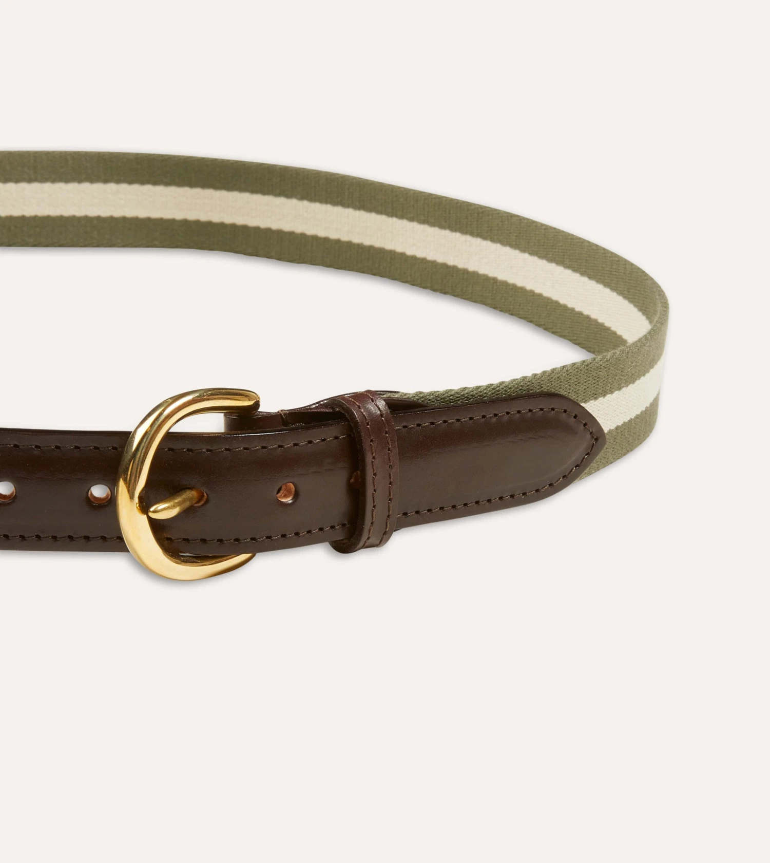 Olive And Ecru Stripe Webbing And Leather Belt With Brass Buckle 5 Olive And Ecru Stripe Webbing And Leather Belt With Brass Buckle - Image 3