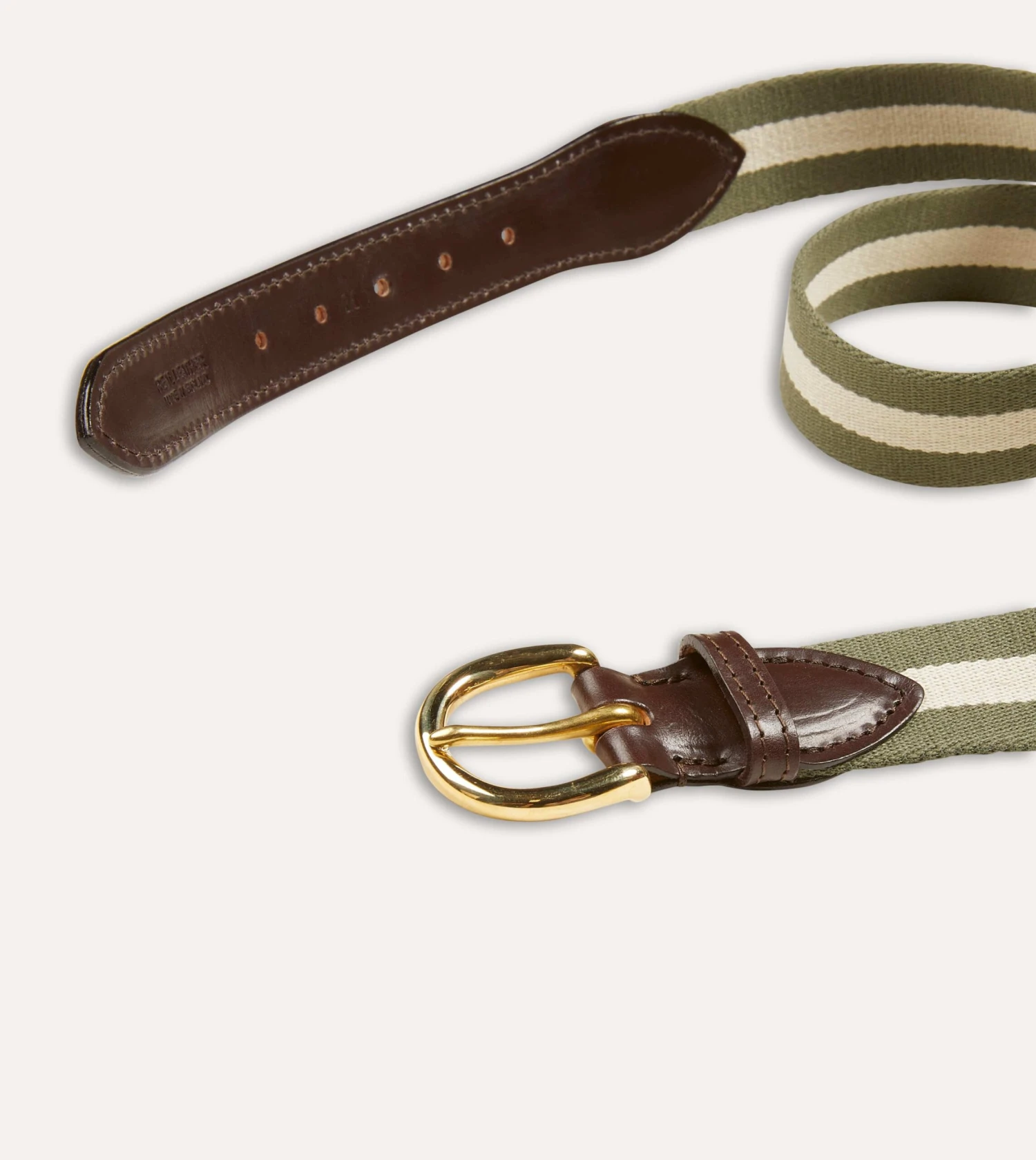 Olive And Ecru Stripe Webbing And Leather Belt With Brass Buckle 7 Olive And Ecru Stripe Webbing And Leather Belt With Brass Buckle - Image 5