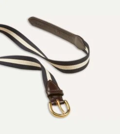 Navy And Ecru Stripe Webbing And Leather Belt With Brass Buckle -Drakes Shop DR1AK121918 03252 5