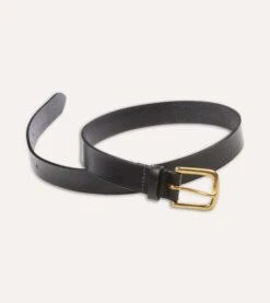 Black Unlined Bridle Leather Belt With Brass Buckle -Drakes Shop DR1AK121920 02100 5