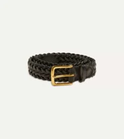 Black Plaited Bridle Leather Belt With Brass Buckle