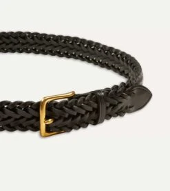 Black Plaited Bridle Leather Belt With Brass Buckle -Drakes Shop DR1AK121921 02100 3