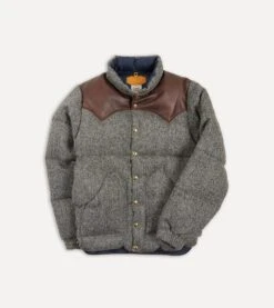 Rocky Mountain Featherbed For Drake's Herringbone Harris Tweed Leather Christy Down Jacket