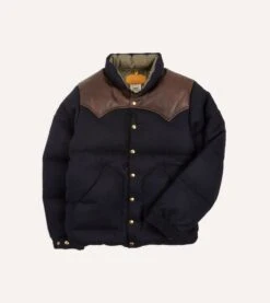 Rocky Mountain Featherbed For Drake's Navy Harris Tweed Leather Christy Down Jacket