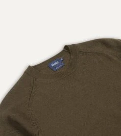 Olive Green Merino Crew Neck Jumper -Drakes Shop DR2A3A21505 02400 3