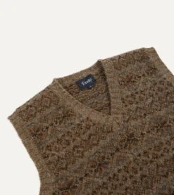 Light Brown Fair Isle Lambswool Sleeveless V-Neck Jumper -Drakes Shop DR2A3C22336 05301 3