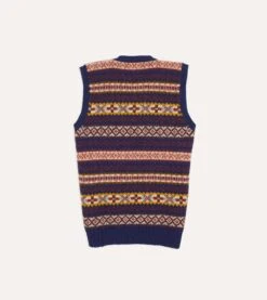 Navy Fair Isle Lambswool Sleeveless V-Neck Jumper -Drakes Shop DR2A3C22336 07251 5