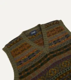 Green Fair Isle Lambswool Sleeveless V-Neck Jumper -Drakes Shop DR2A3C22336 09401 3