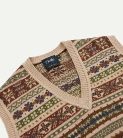 Beige Cotton Cashmere Fair Isle Knit Vest -Drakes Shop DR2A3C24021 01 301 3