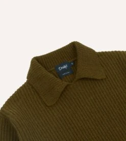 Olive Green Alpaca Lambswool Ribbed Integral Collar Jumper -Drakes Shop DR2A3I22556 01400 3