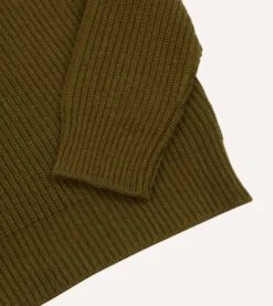 Olive Green Alpaca Lambswool Ribbed Integral Collar Jumper -Drakes Shop DR2A3I22556 01400 4