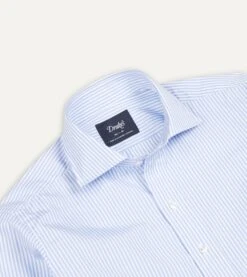 Sky Blue And White Bengal Stripe Spread Collar Cotton Poplin Shirt -Drakes Shop DR2A4B21970 02202 3