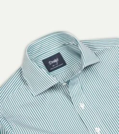 Green And White Bengal Stripe Spread Collar Cotton Poplin Shirt -Drakes Shop DR2A4B21970 04402 3