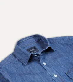 Mid-Blue Washed Denim Cotton Two-Pocket Work Shirt -Drakes Shop DR2A4D21804 01200 3